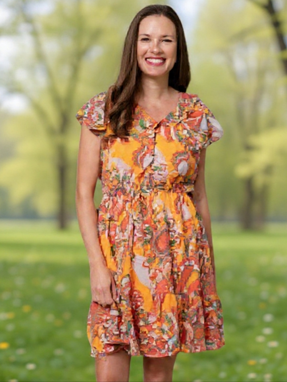 L🌸Marissa Olivia Vibrant Orange Patterned Ruffle Mini Dress